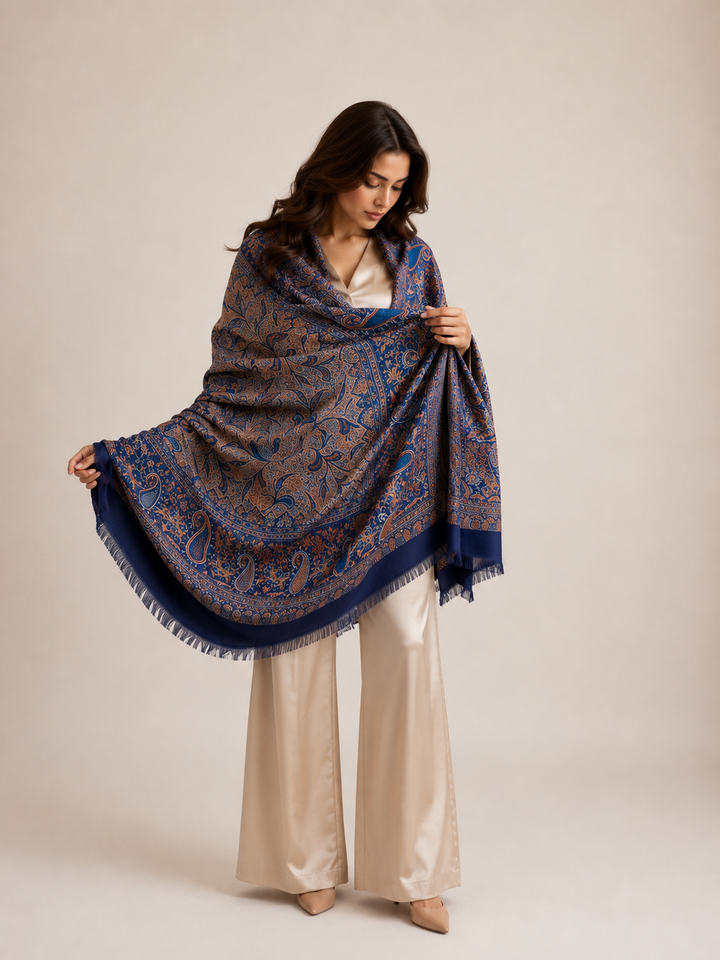 Navy Copper Jamawar Shawl with Woven Paisley Design