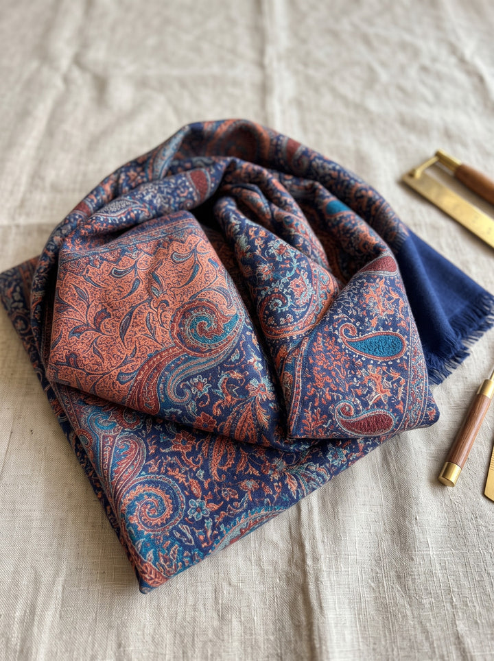 Navy Copper Jamawar Shawl with Woven Paisley Design