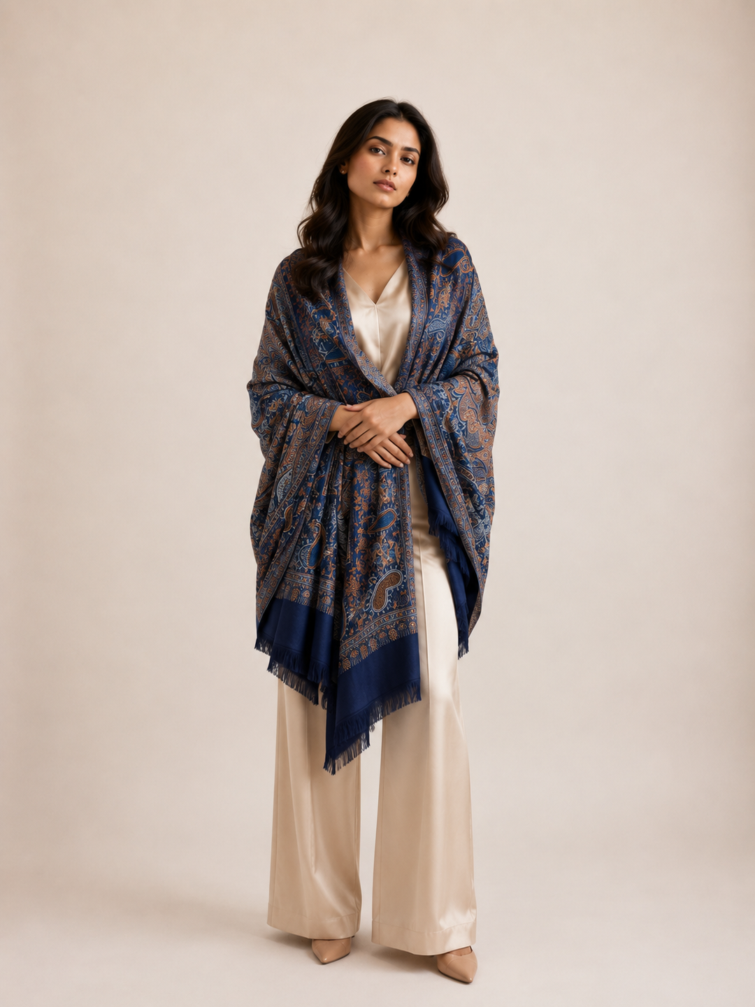 Navy Copper Jamawar Shawl with Woven Paisley Design