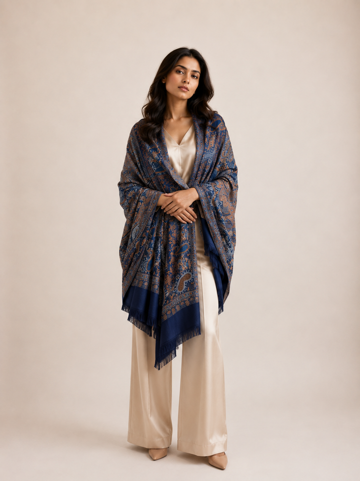 Navy Copper Jamawar Shawl with Woven Paisley Design