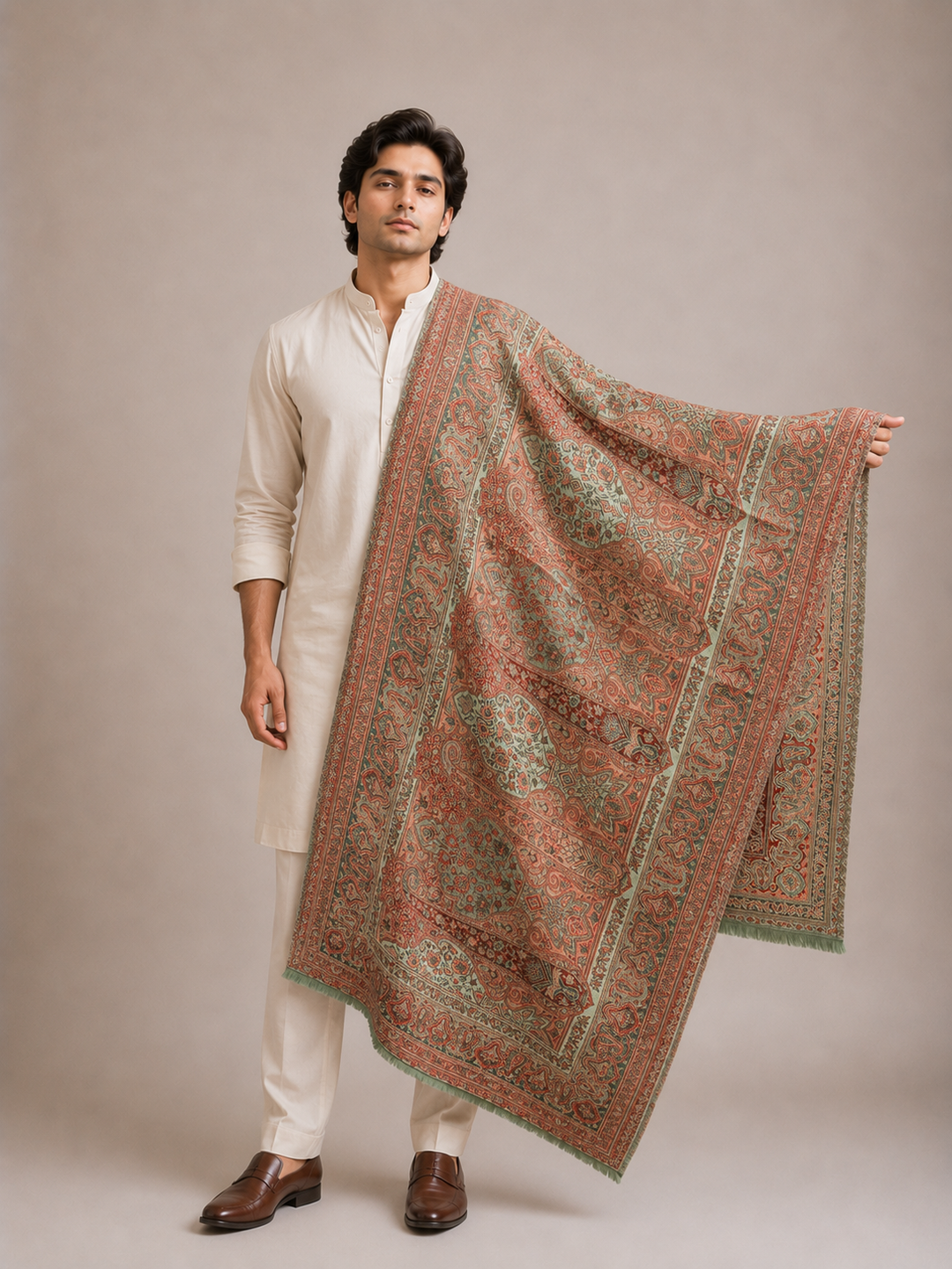 Green Beige Jamawar Stole with Woven Paisley Design