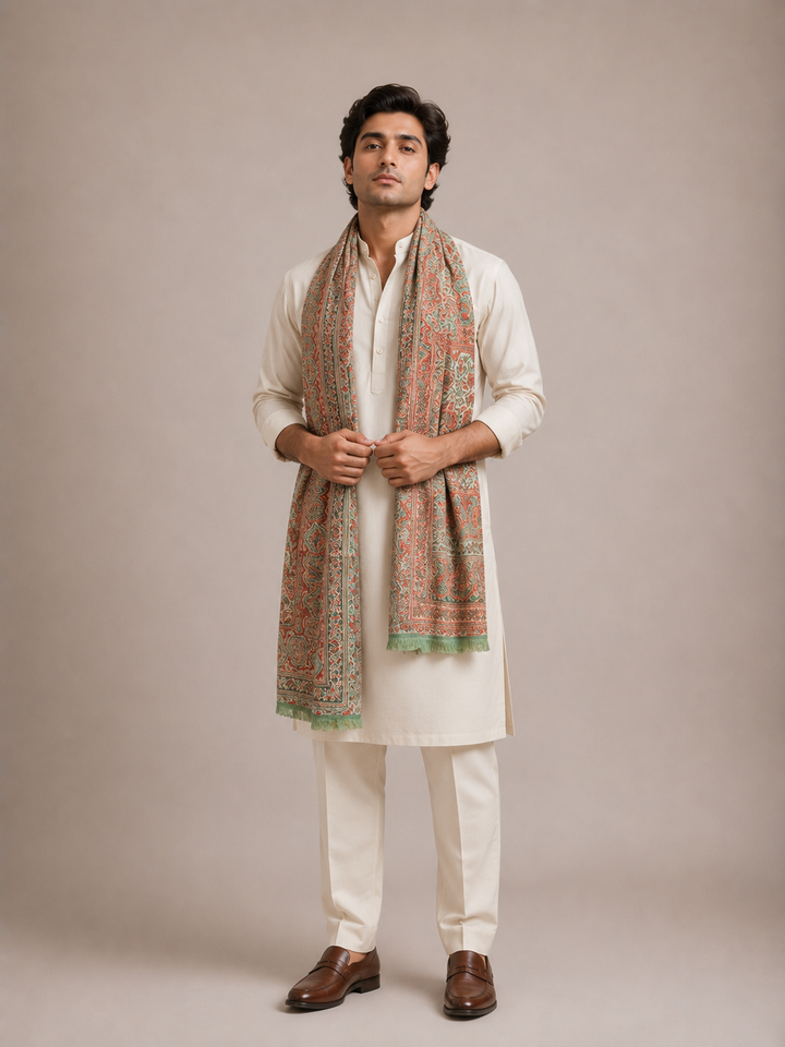 Green Beige Jamawar Stole with Woven Paisley Design