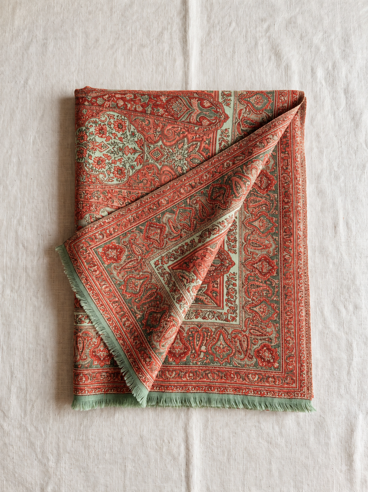 Green Beige Jamawar Stole with Woven Paisley Design