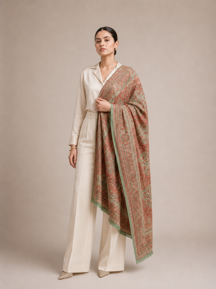 Green Beige Jamawar Stole with Woven Paisley Design