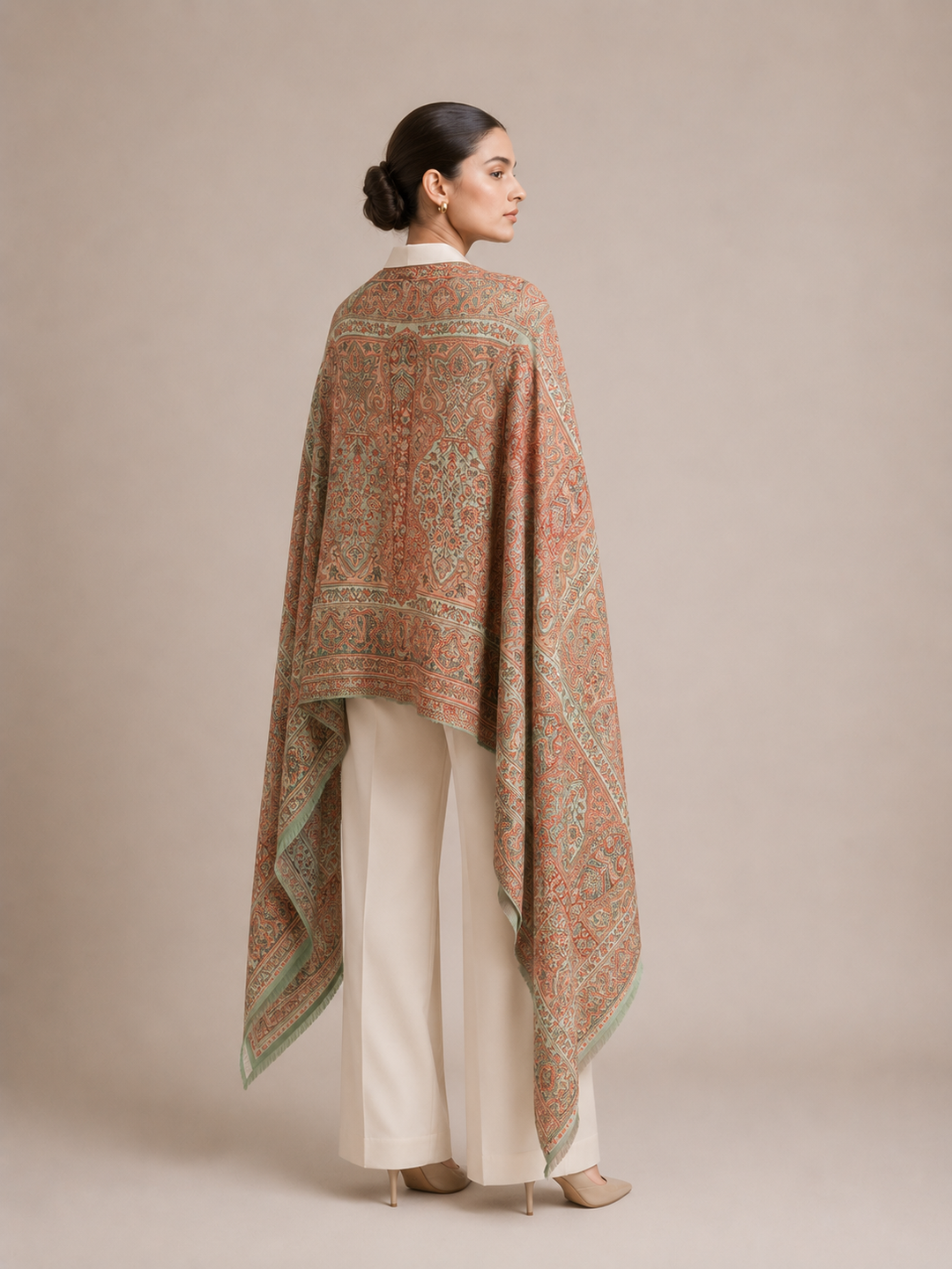 Green Beige Jamawar Stole with Woven Paisley Design