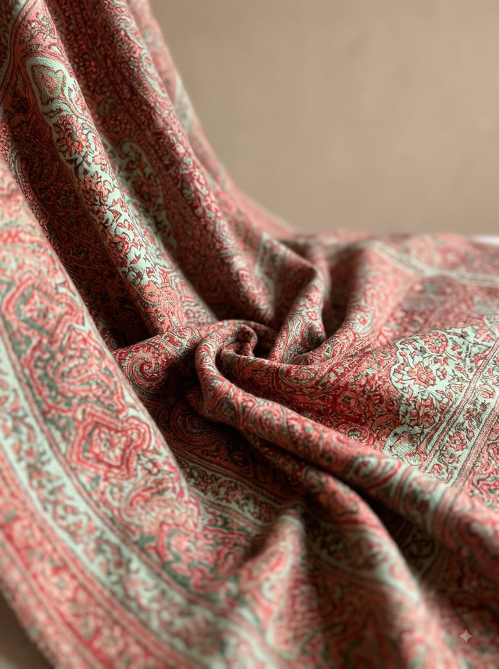 Green Beige Jamawar Stole with Woven Paisley Design