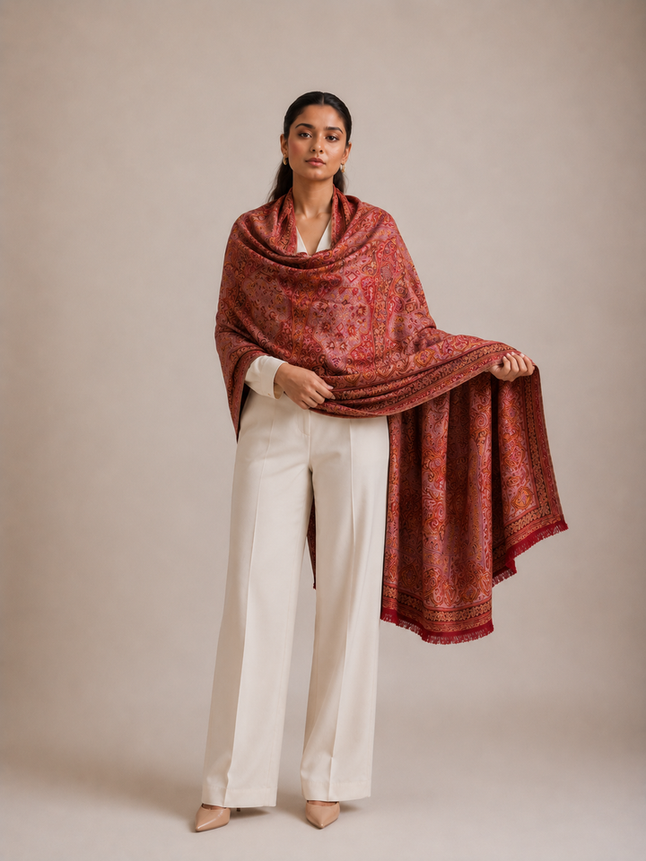 Red Multicolour Jamawar Stole with Woven Paisley Design