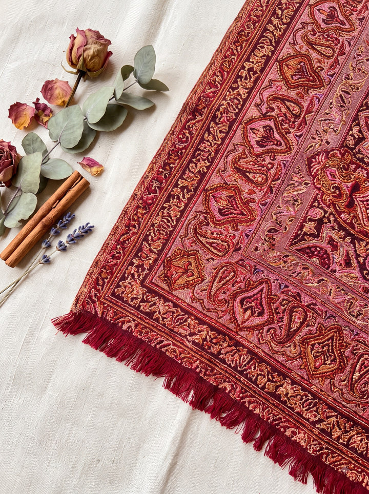 Red Multicolour Jamawar Stole with Woven Paisley Design
