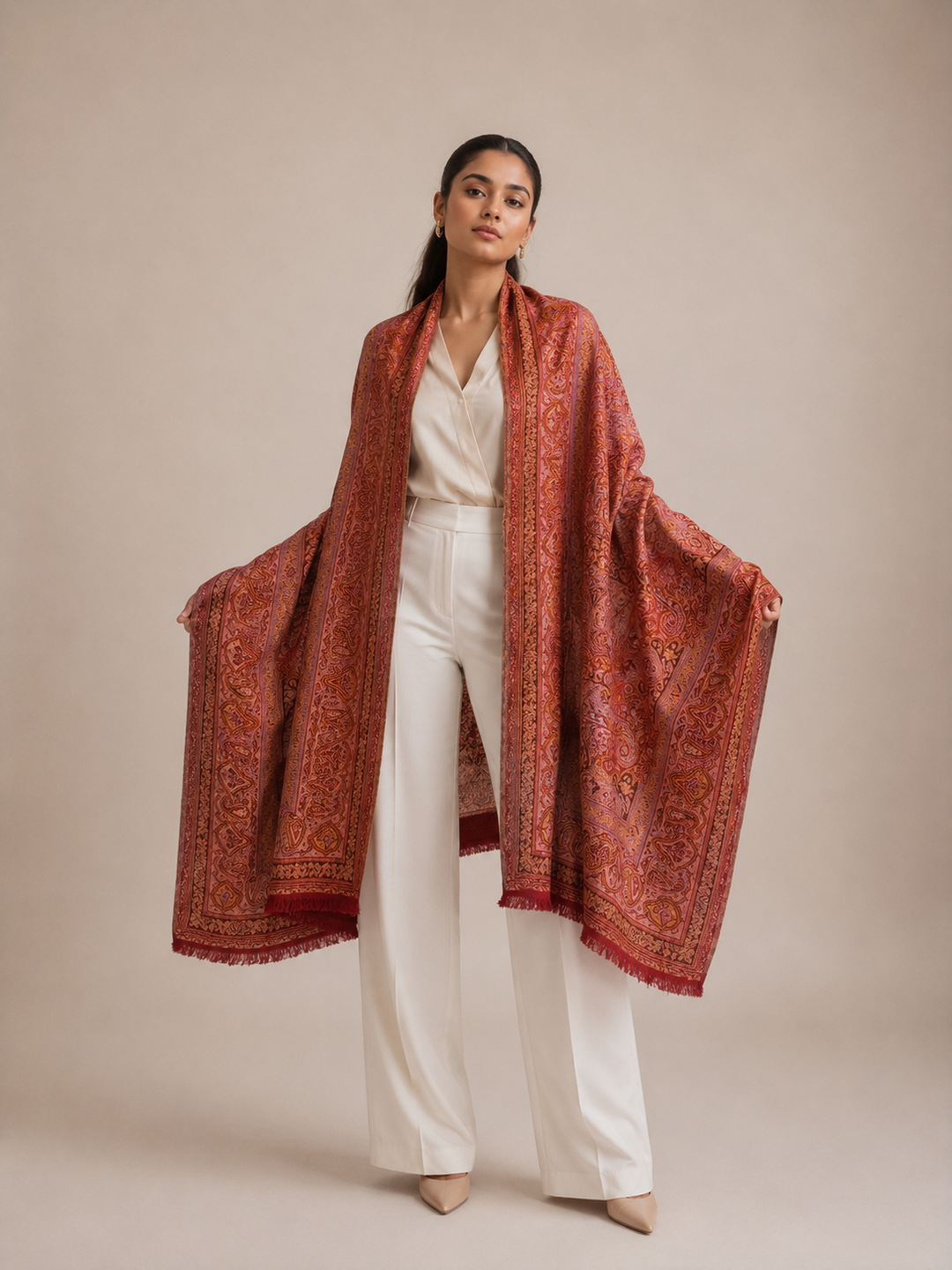 Red Multicolour Jamawar Stole with Woven Paisley Design
