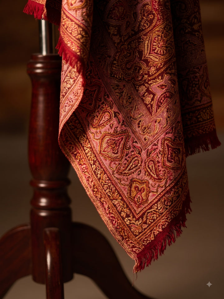 Red Multicolour Jamawar Stole with Woven Paisley Design