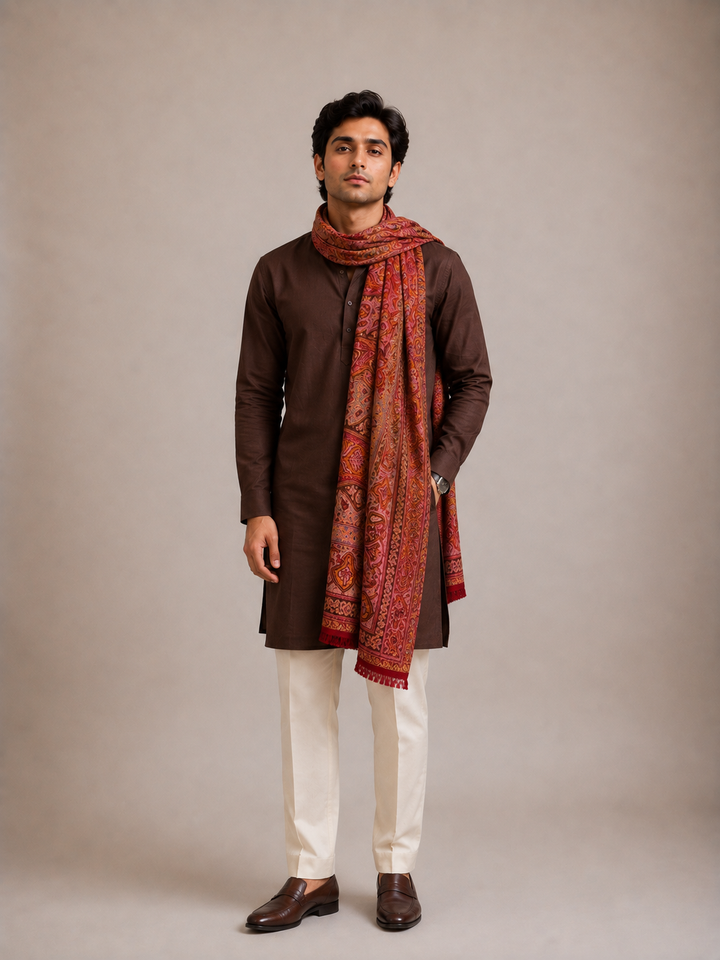 Red Multicolour Jamawar Stole with Woven Paisley Design