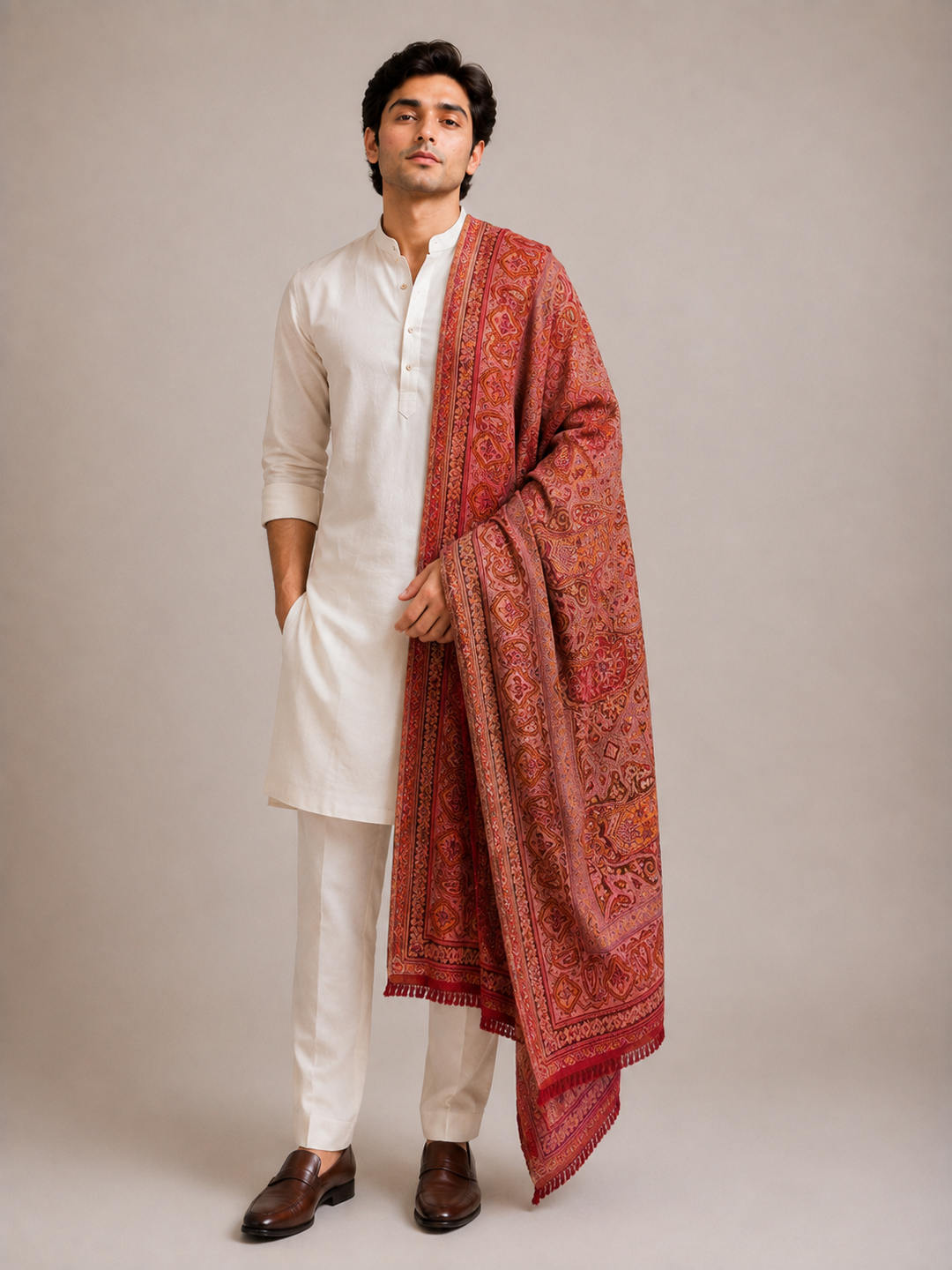 Red Multicolour Jamawar Stole with Woven Paisley Design