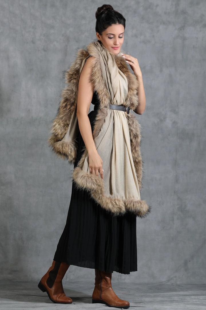 Cashmere Plain Stole With High Quality Ombre Fur Stole