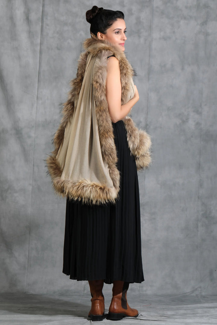 Cashmere Plain Stole With High Quality Ombre Fur Stole