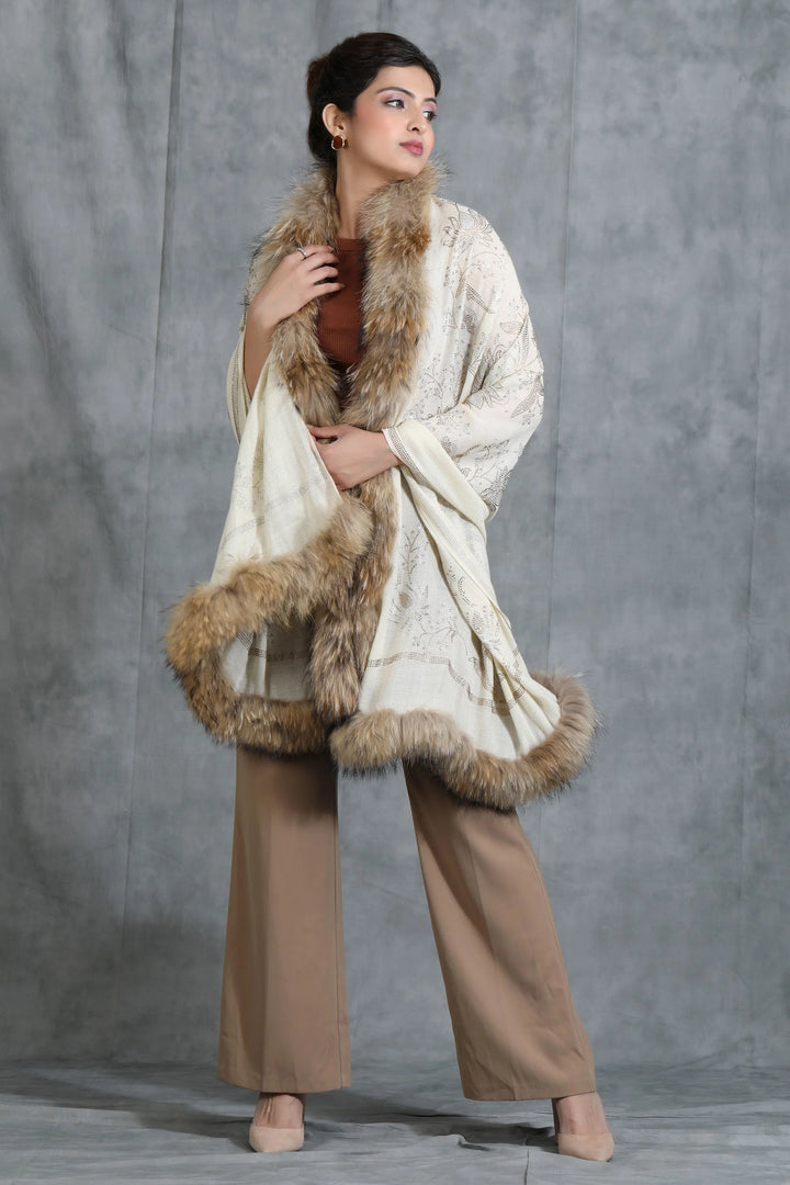 Cashmere Lotus Design Swaroski Stone Work Fur Stole