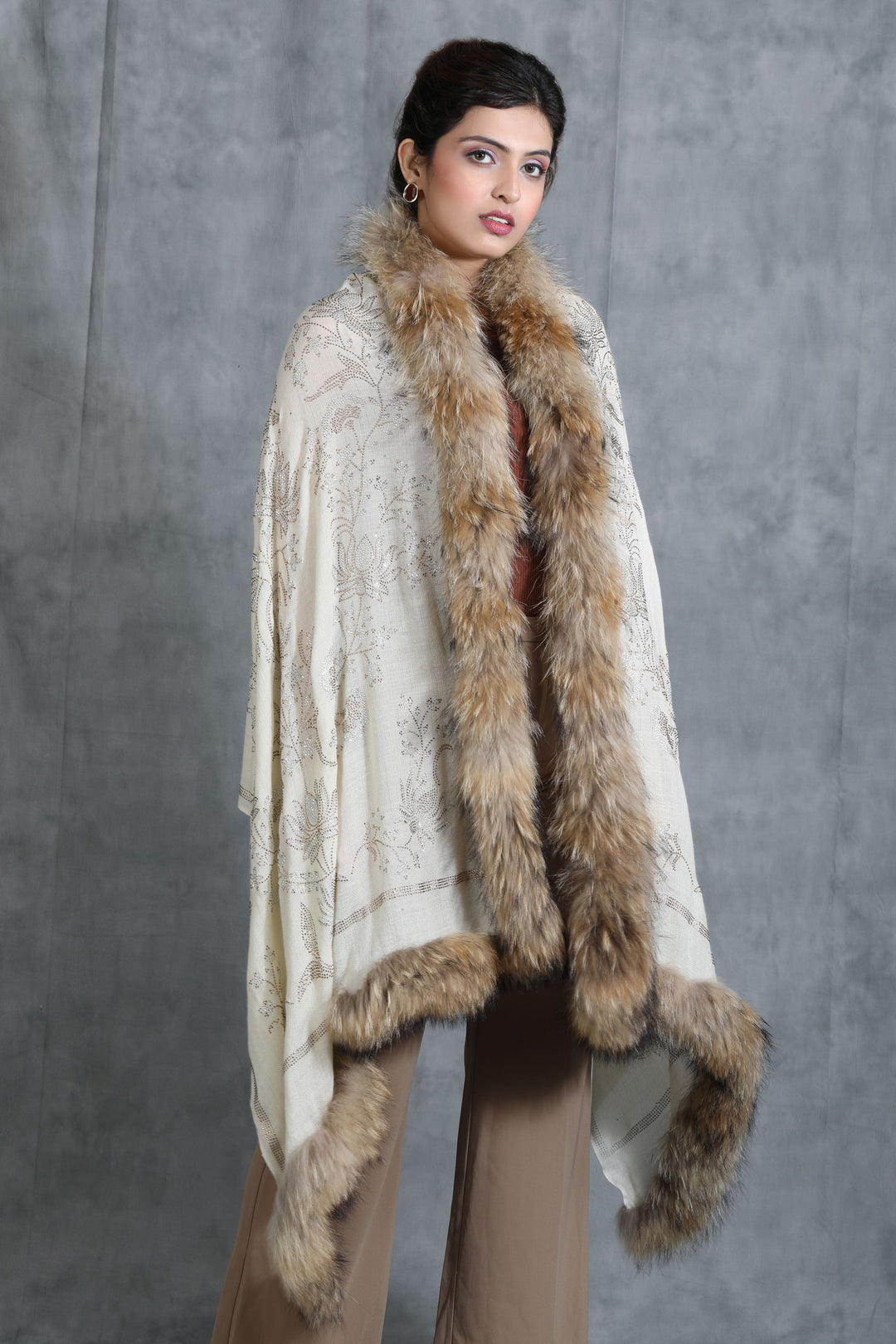 Cashmere Lotus Design Swaroski Stone Work Fur Stole