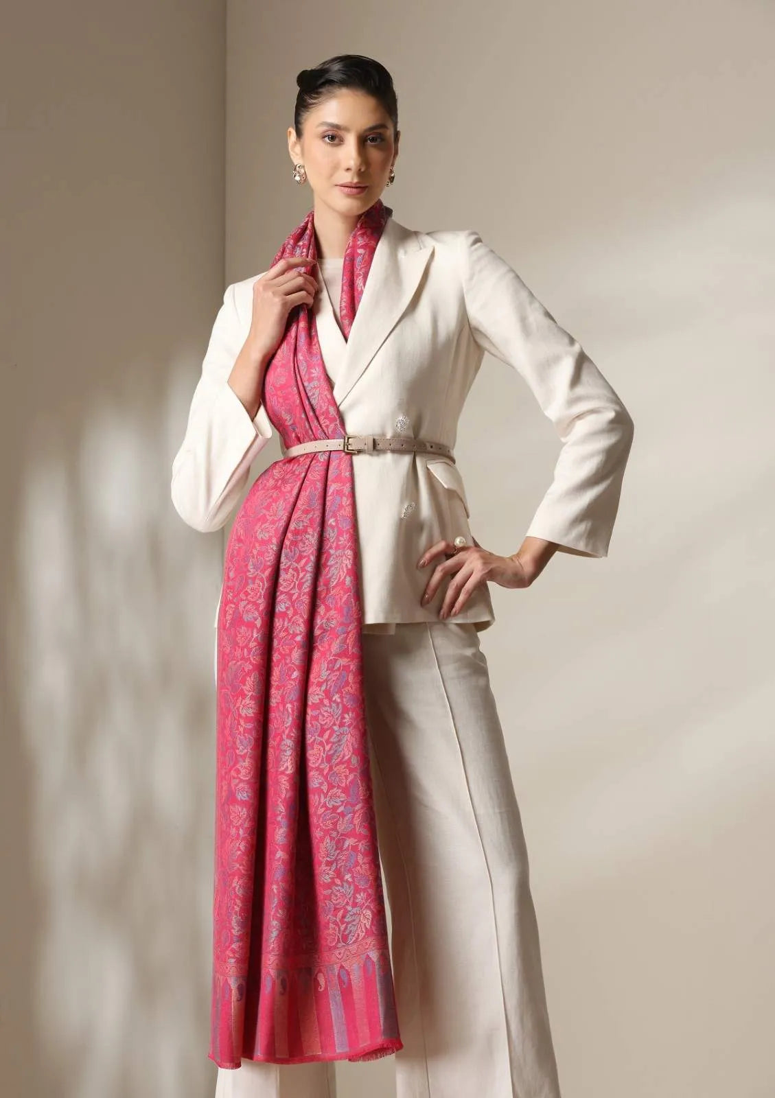 Fuschia woven kani  floral stole