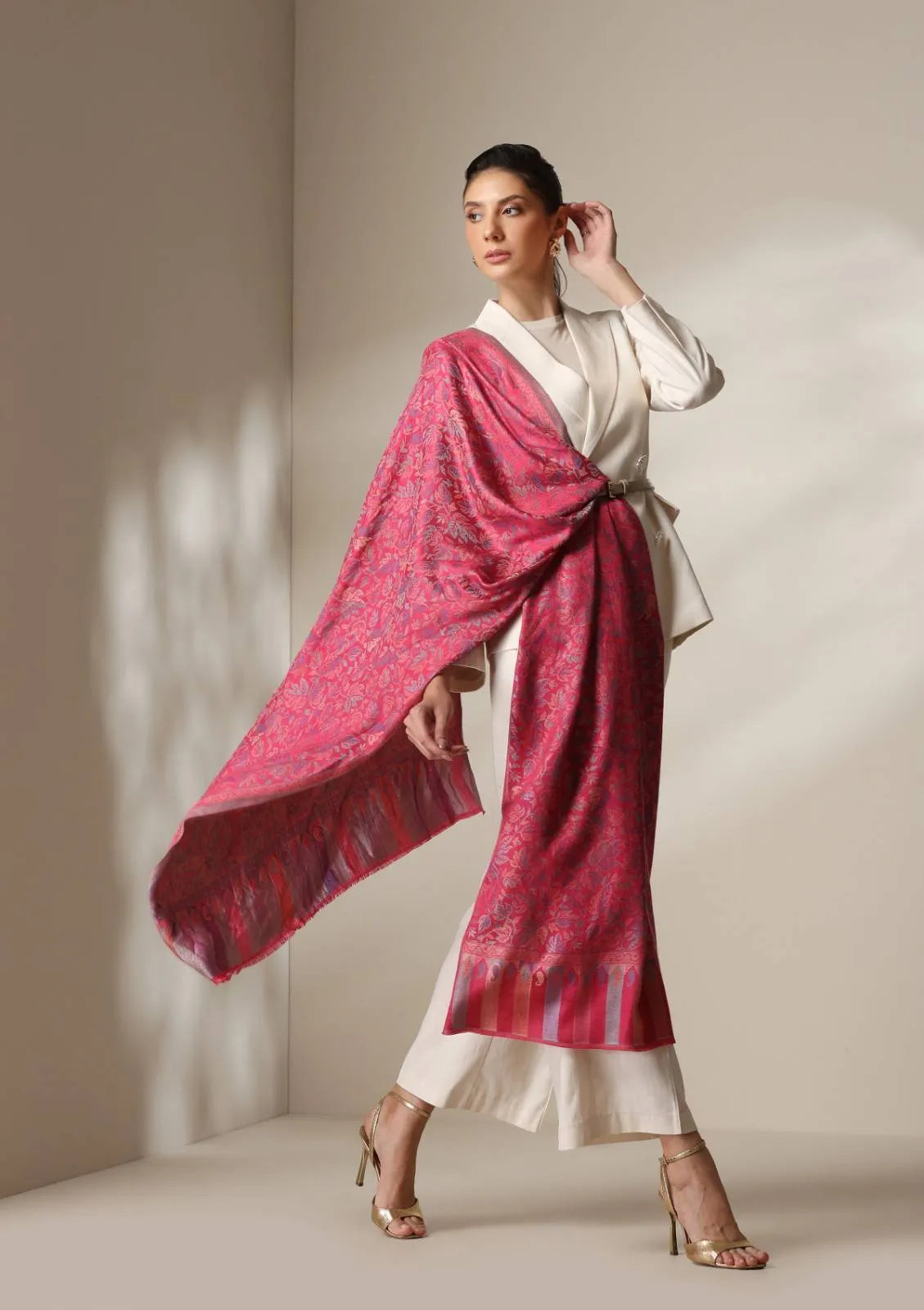 Fuschia woven kani  floral stole