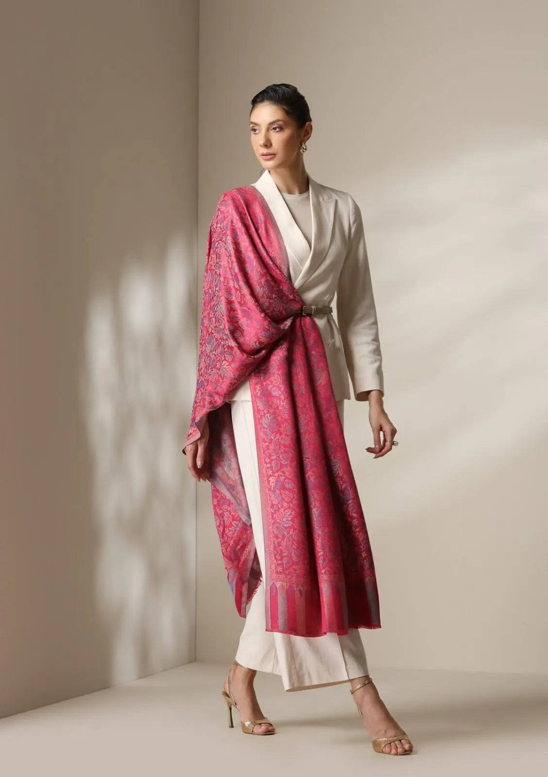 Fuschia woven kani  floral stole