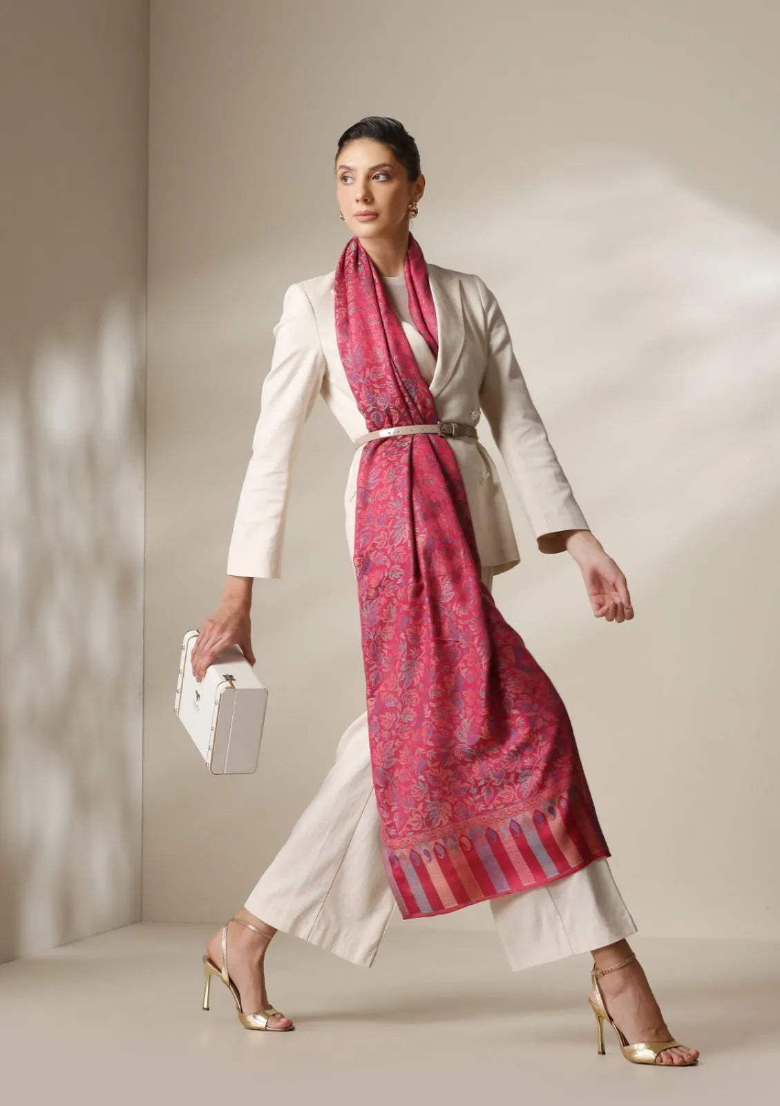 Fuschia woven kani  floral stole