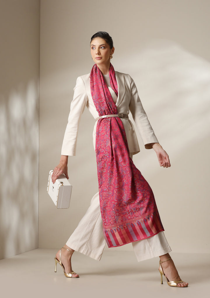 Fuschia woven kani  floral stole