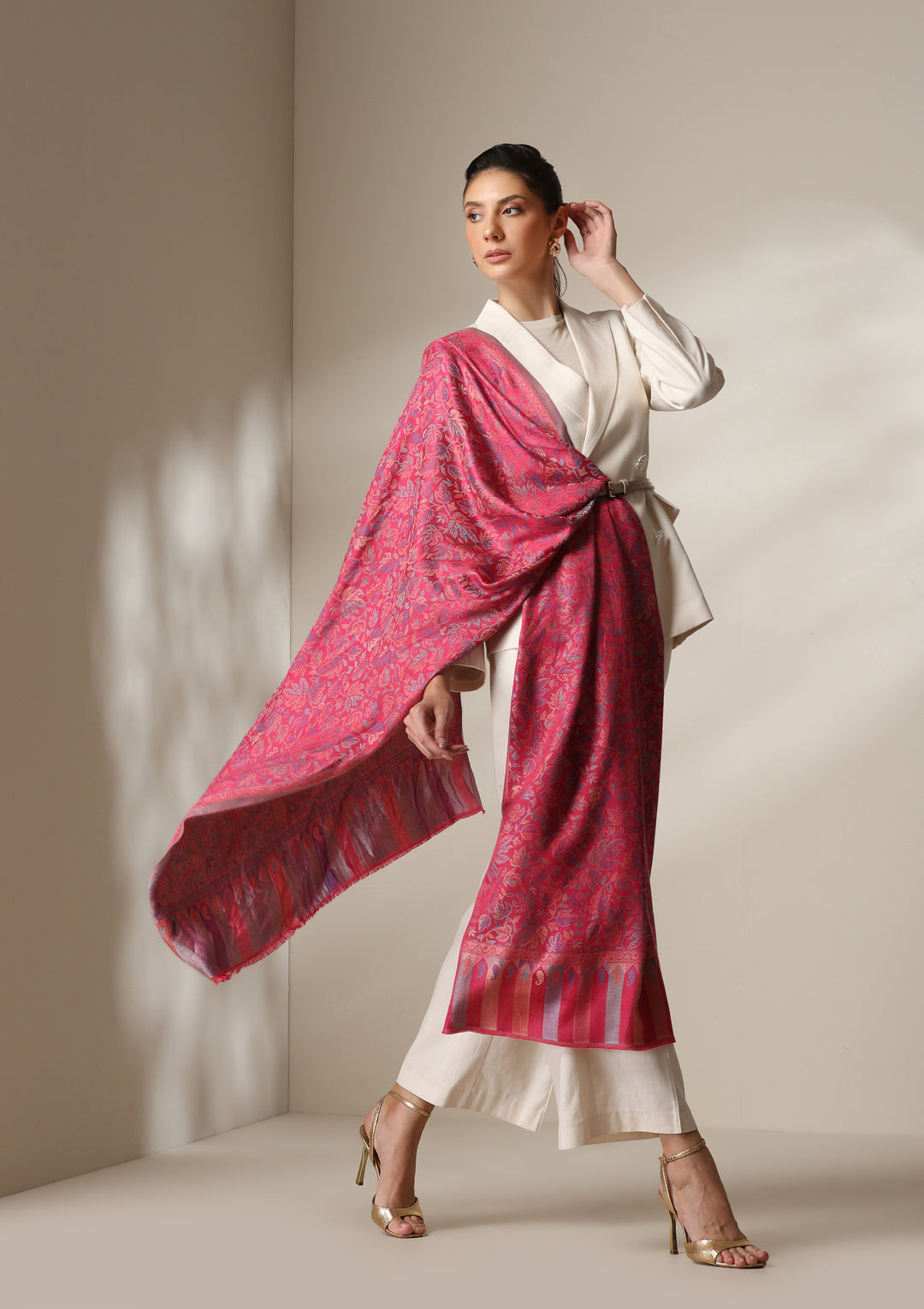 Fuschia woven kani  floral stole