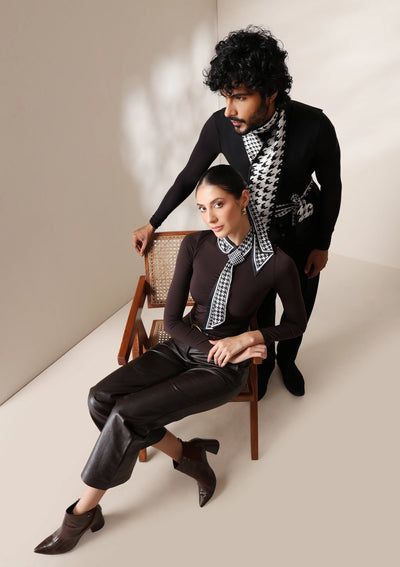 Dusala Monochrome Houndstooth silk Scarf set