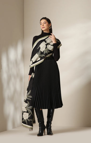 Black Peony Garden Woven Cashmere Blend Shawl