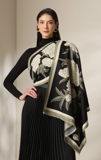 Black Peony Garden Woven Cashmere Blend Shawl