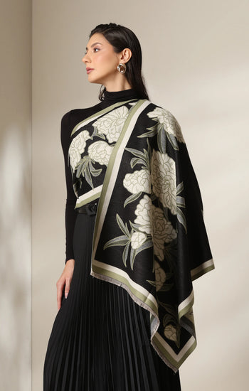 Black Peony Garden Woven Cashmere Blend Shawl