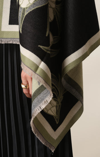 Black Peony Garden Woven Cashmere Blend Shawl