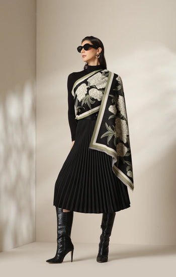 Black Peony Garden Woven Cashmere Blend Shawl