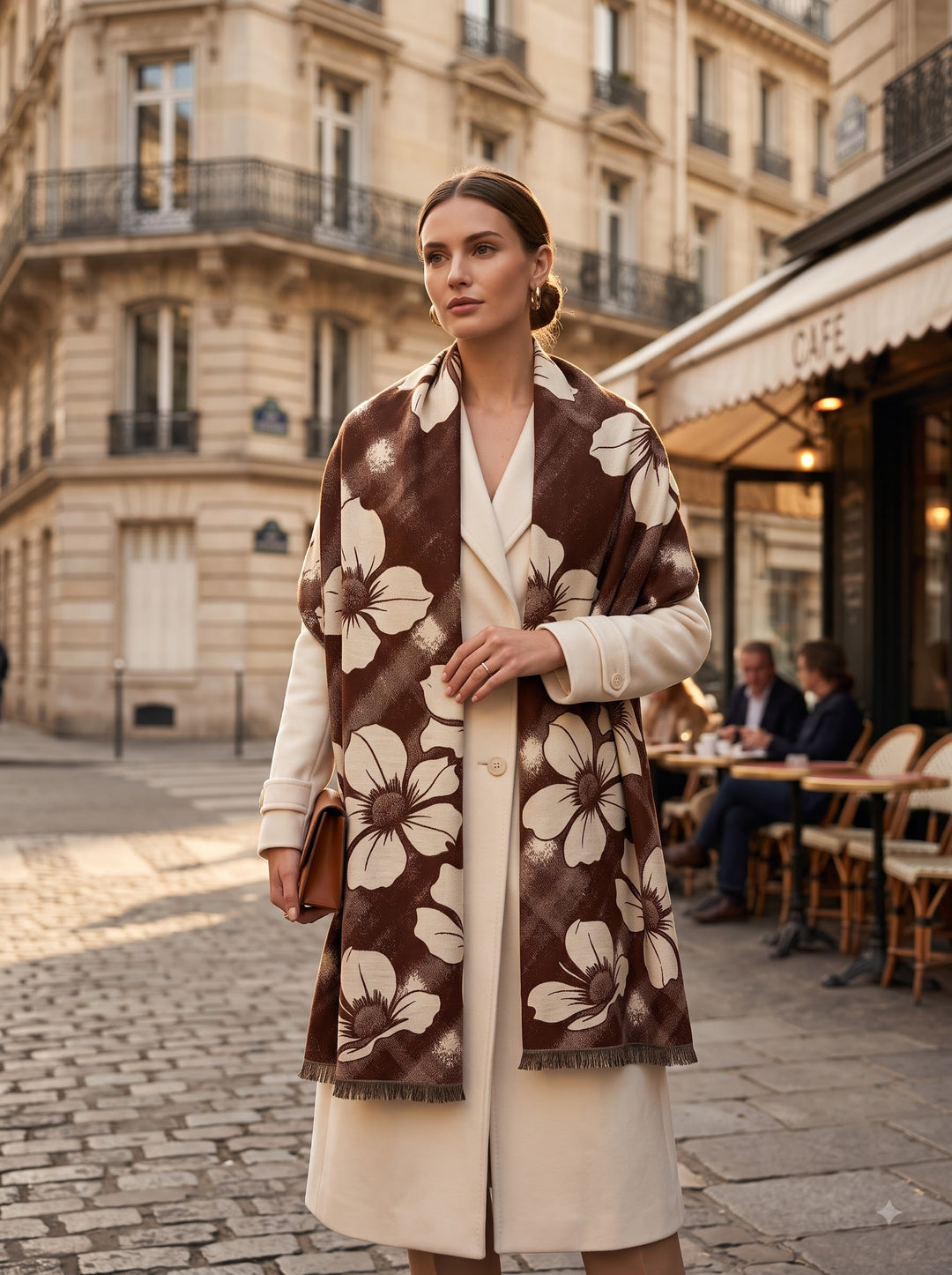 Reversible Cream Brown Bold Floral Cashmere Stole