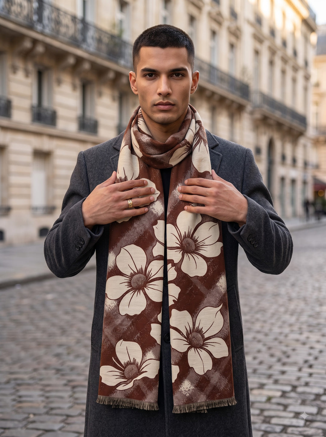 Reversible Cream Brown Bold Floral Cashmere Stole