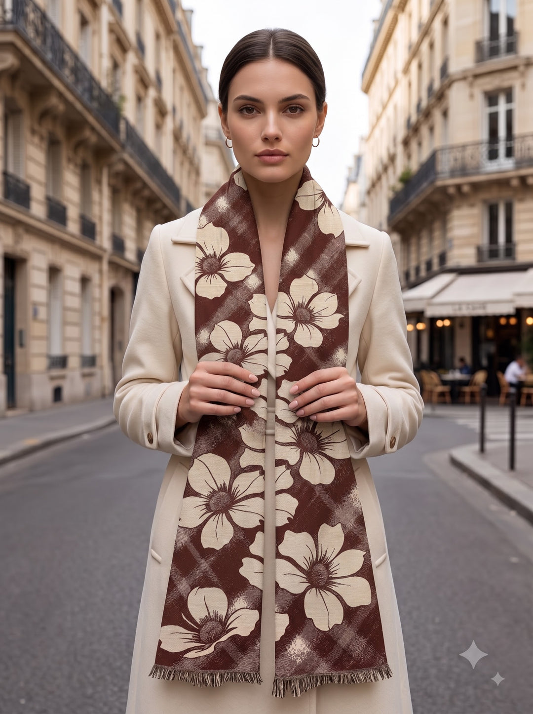 Reversible Cream Brown Bold Floral Cashmere Stole