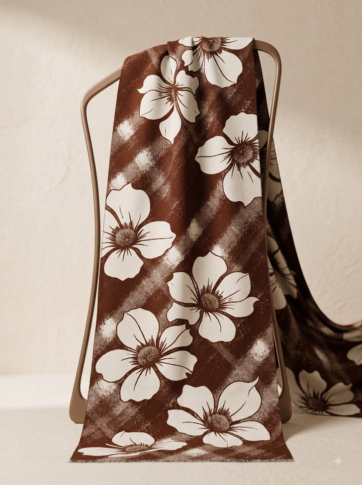 Reversible Cream Brown Bold Floral Cashmere Stole
