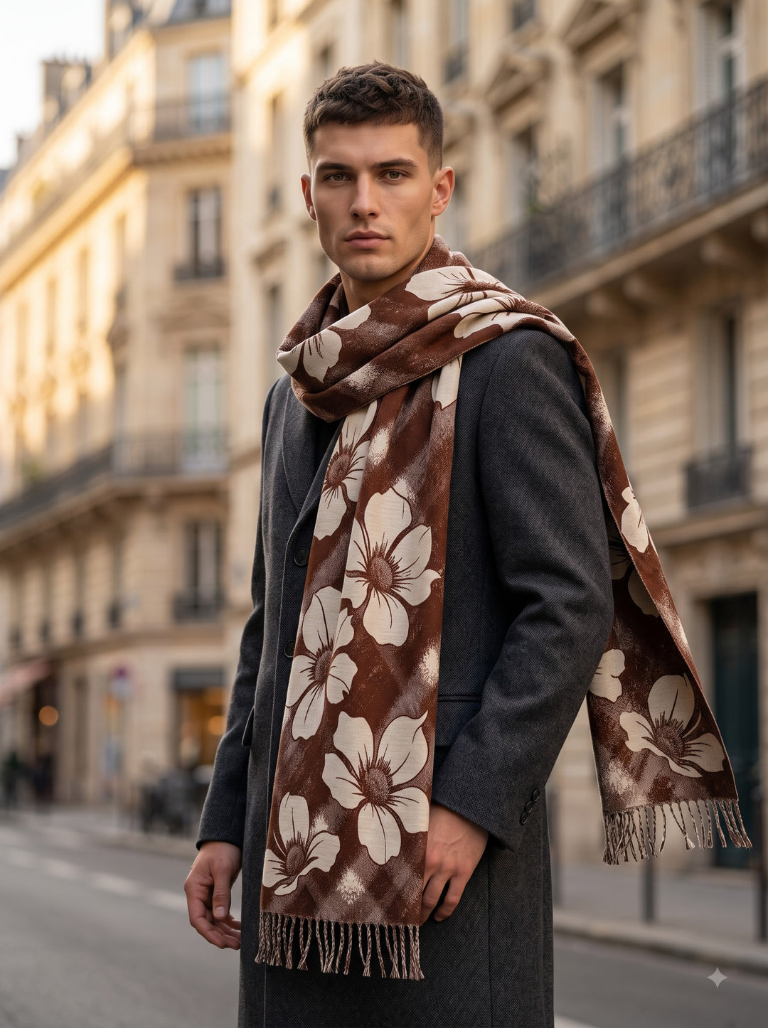 Reversible Cream Brown Bold Floral Cashmere Stole