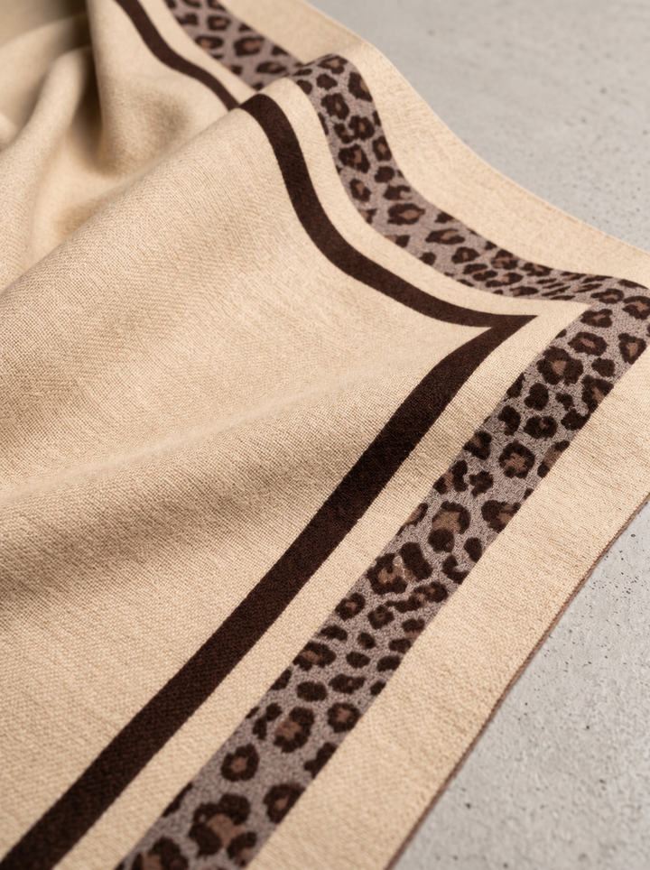 Reversible Cream Brown Animal Print Border Cashmere Stole