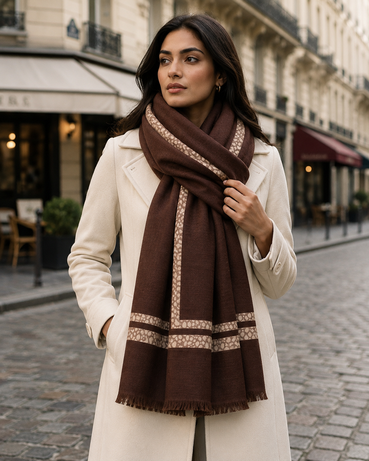 Reversible Cream Brown Animal Print Border Cashmere Stole