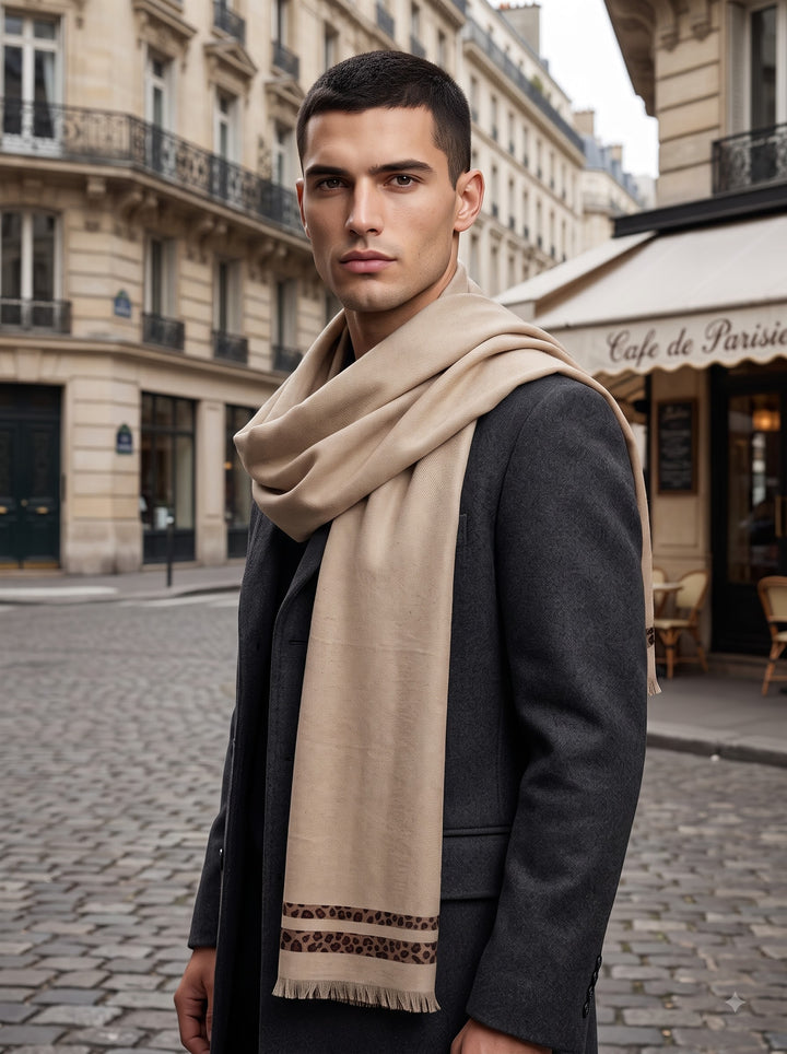Reversible Cream Brown Animal Print Border Cashmere Stole