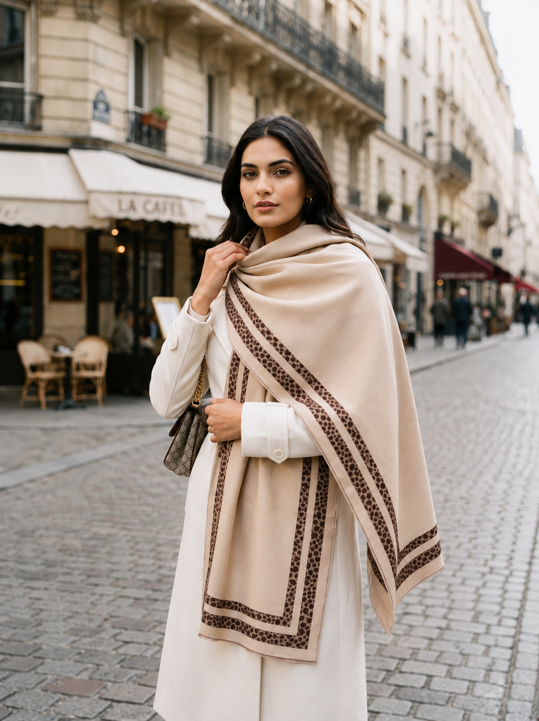 Reversible Cream Brown Animal Print Border Cashmere Stole