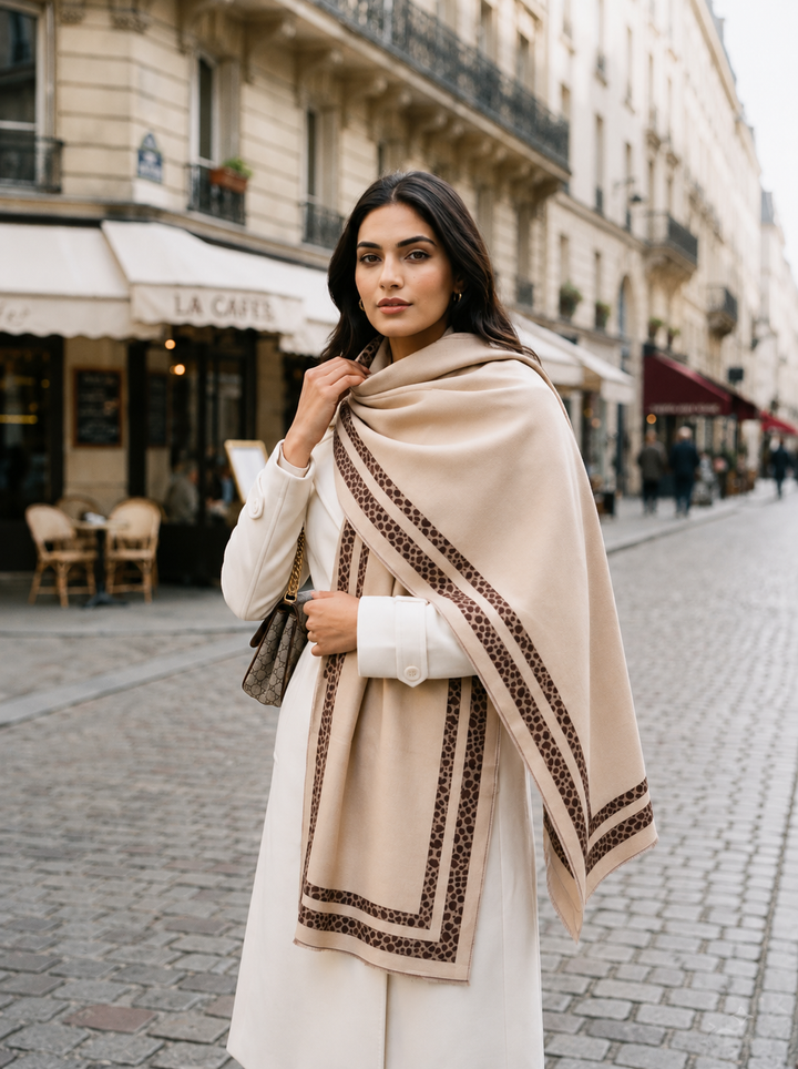 Reversible Cream Brown Animal Print Border Cashmere Stole