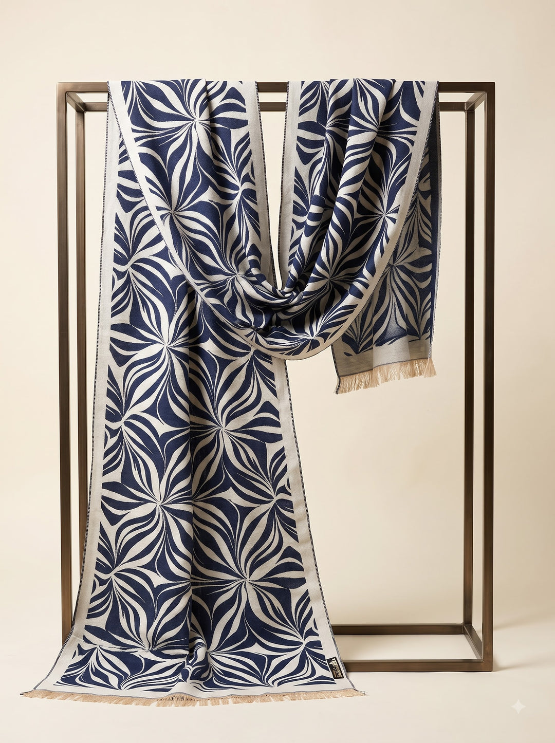 Reversible Navy Cream Abstract Floral Cashmere Stole