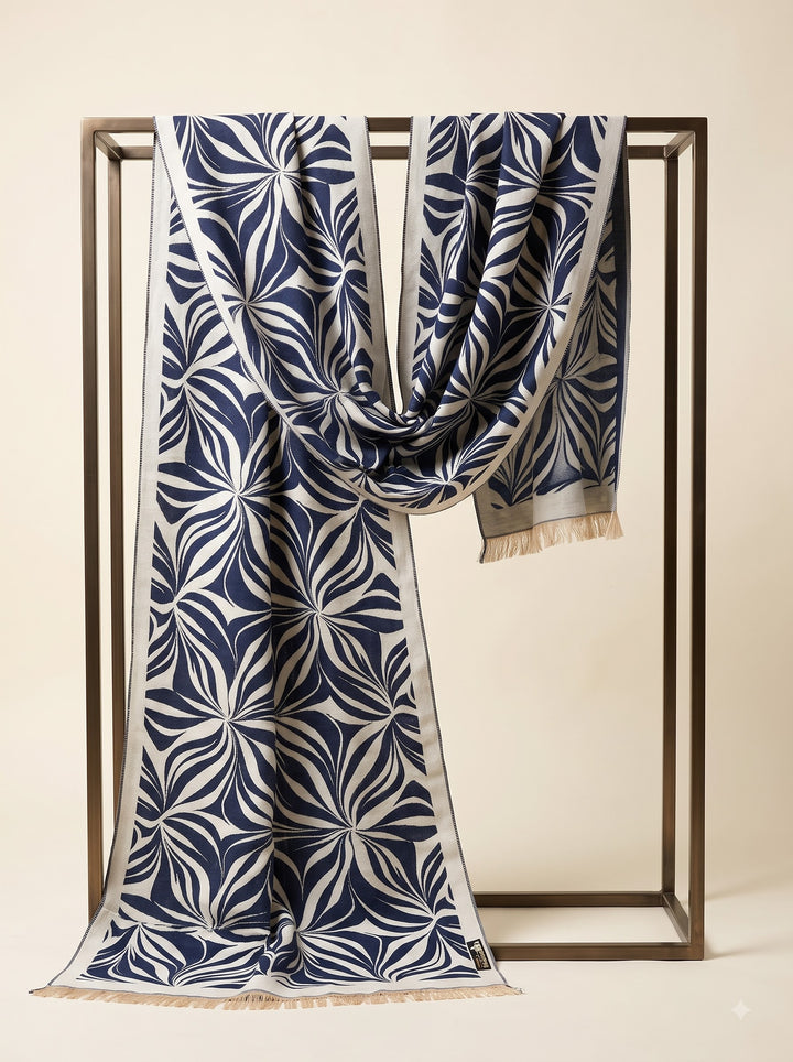 Reversible Navy Cream Abstract Floral Cashmere Stole