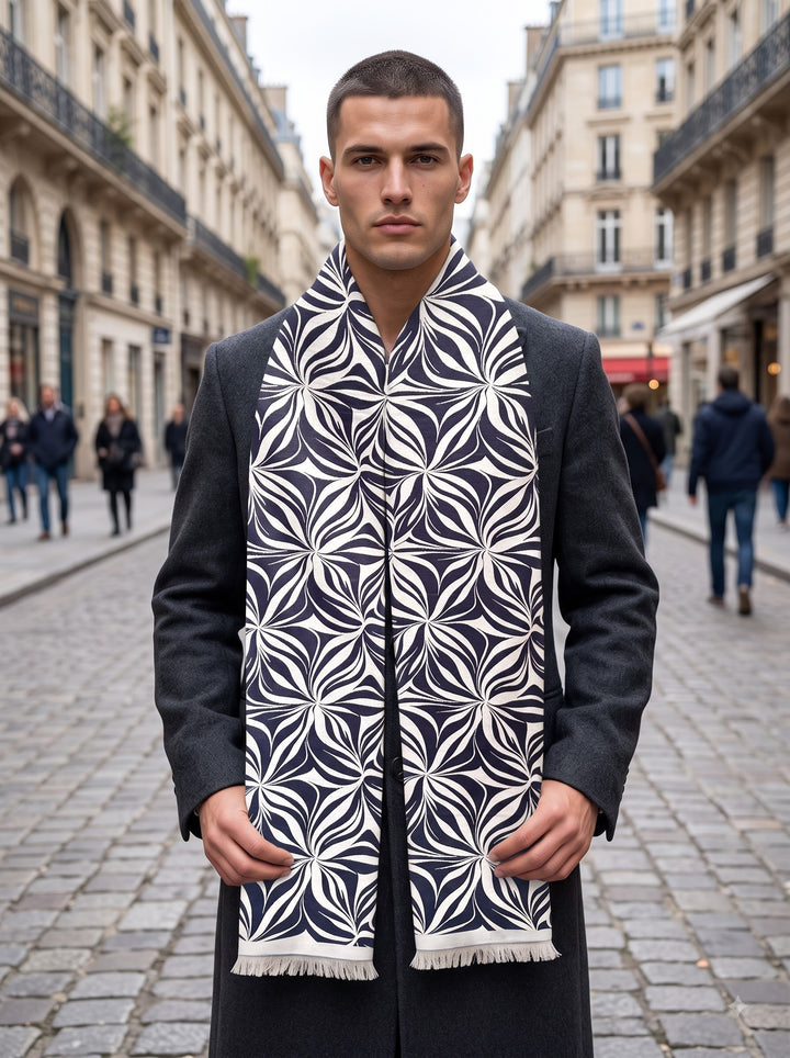 Reversible Navy Cream Abstract Floral Cashmere Stole