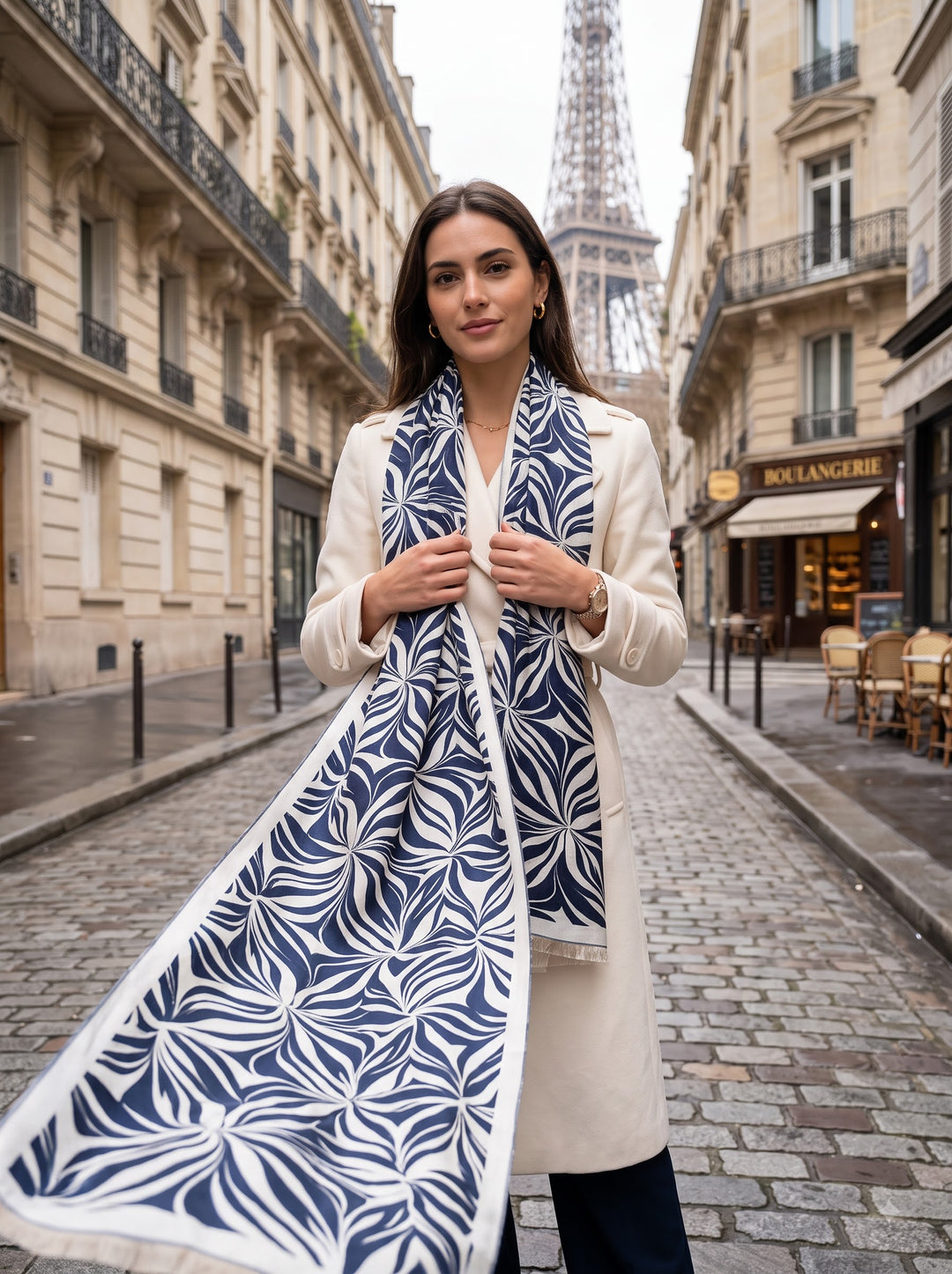 Reversible Navy Cream Abstract Floral Cashmere Stole