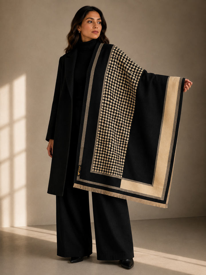 Reversible Black Beige Houndstooth Cashmere Stole