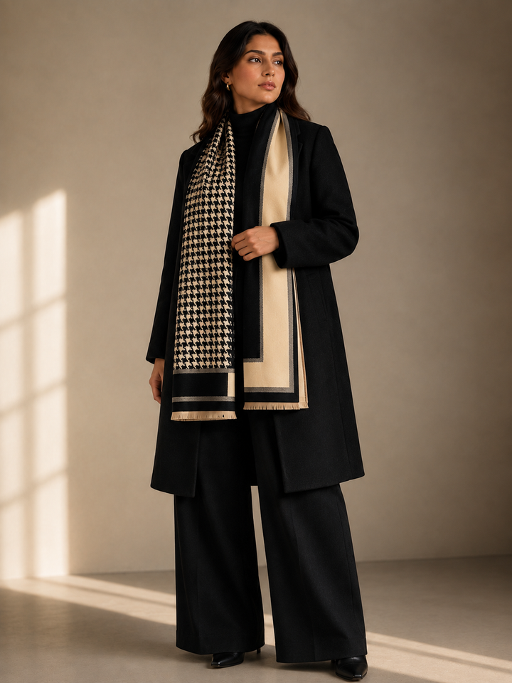 Reversible Black Beige Houndstooth Cashmere Stole