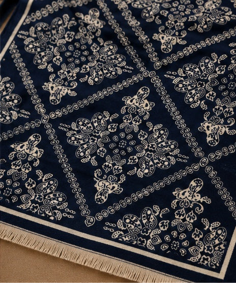 Reversible Navy White Damask Geometric Cashmere Stole