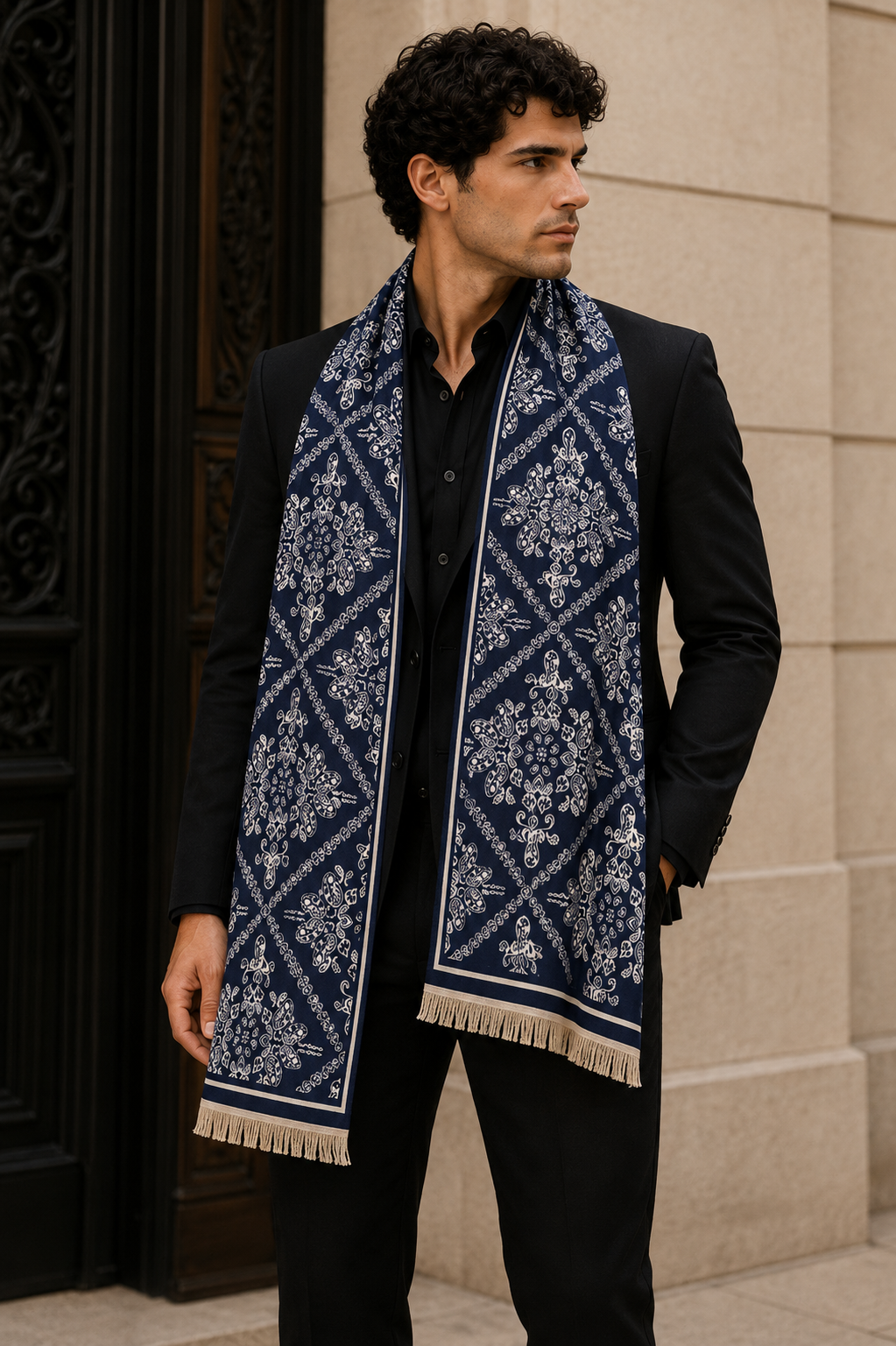 Reversible Navy White Damask Geometric Cashmere Stole